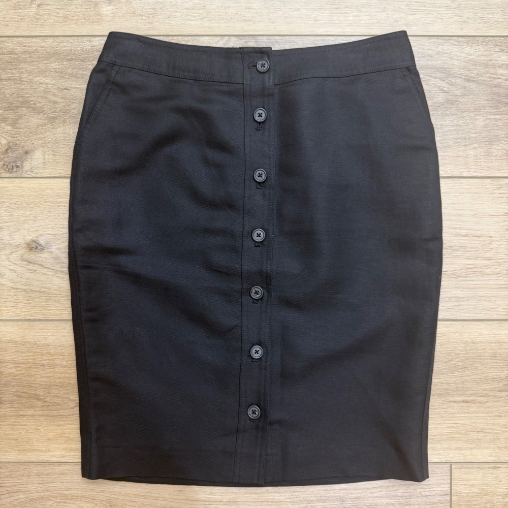 LRL Ralph Lauren Vintage Black Linen Button Front Pencil Skirt Scandi Academia 6
